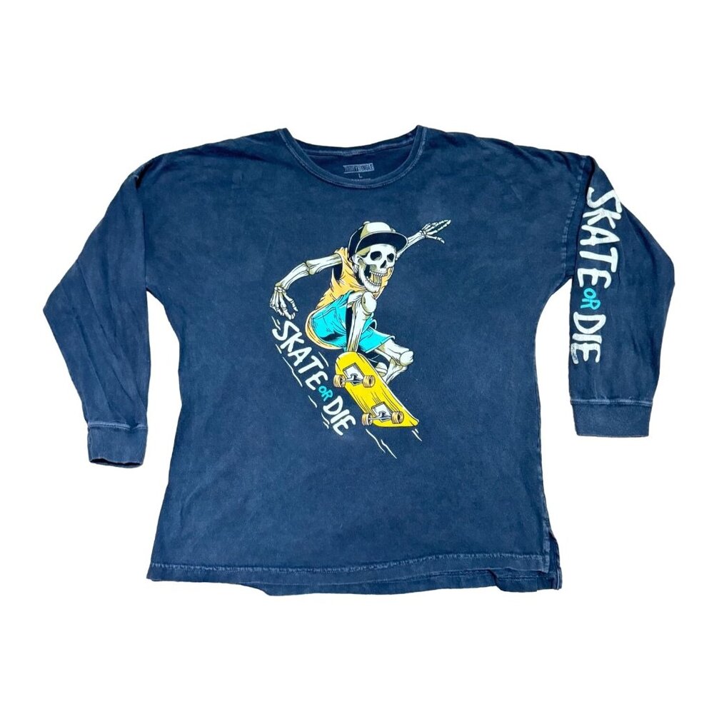 Skate or Die Long Sleeve T-Shirt Sz L Black Skeleton Skateboarder Thirty Single